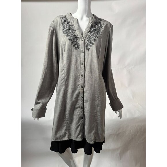 Coldwater Creek XL Embroidered Button-Front Tunic Top Gray 100% Cotton Long Slee - Picture 15 of 16